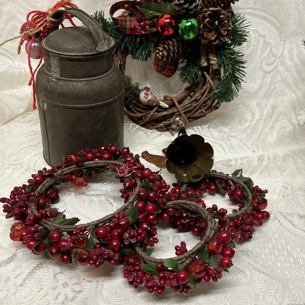 Vintage 1970's  Christmas Lot Ornaments Decorations Wreath‎ Tin Can Candle Rings